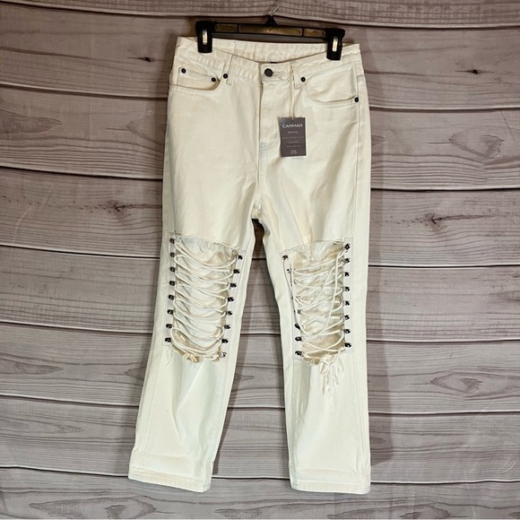 Lf Carmar White High Waisted Hermia Loose Straight Crop Lace Up Front Jeans - Picture 7 of 15